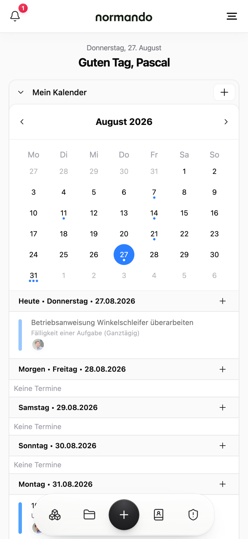 Mobile Normando-Ansicht mit Kalender und anstehenden Aufgaben