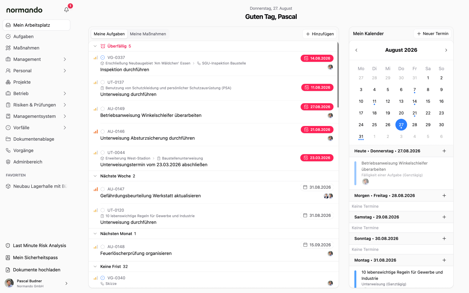 Normando-Arbeitsplatz mit Aufgaben, Fälligkeiten und Kalender